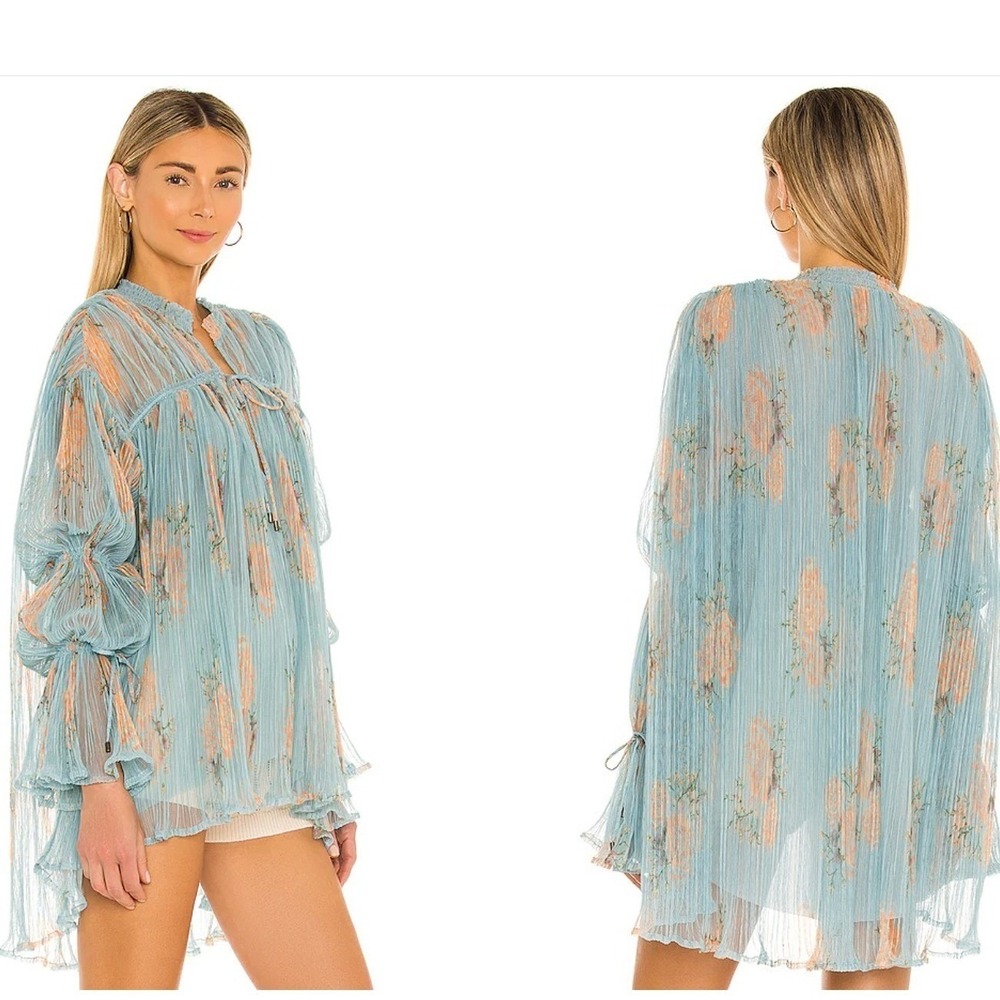 Free People Dahlia Floral Pleated Tunic Top Blue Large Boho